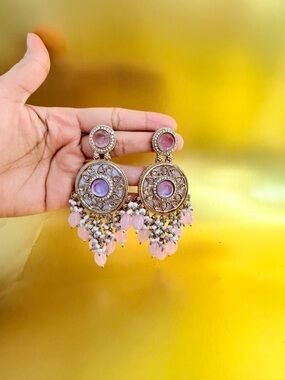 Handcrafted Pink Chandbali Statement Earrings